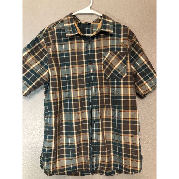 The North Face Button Up‎ Shirt Size Large Brown Gray Green Plaid Short Sleeve - Picture 1 of 3